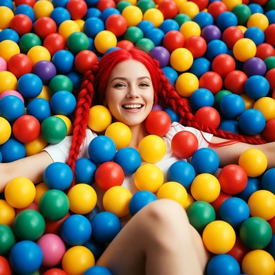 Woman with red braids in ball pit
