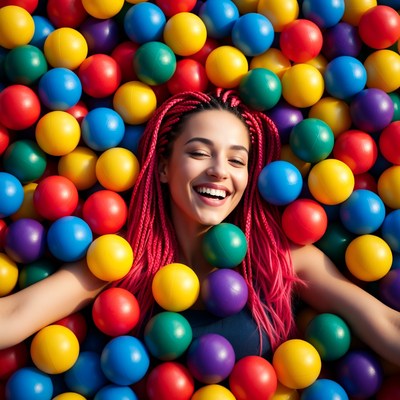 Woman smiling in colorful ball pit