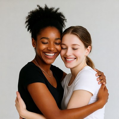 Two women hugging and smiling