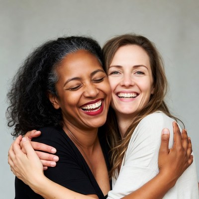 Two women hugging and smiling