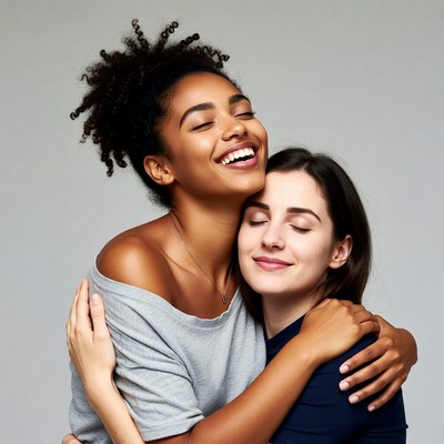 Two women hugging and smiling