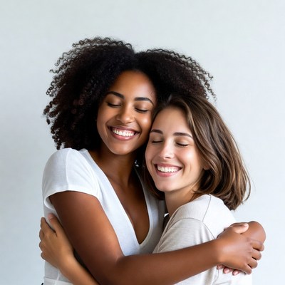 Two women hugging warmly