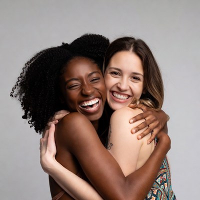 Two women hugging and smiling