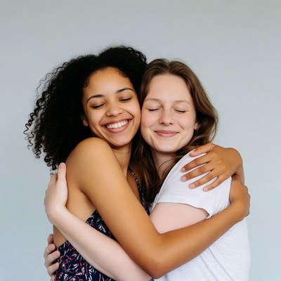 Two women hugging and smiling