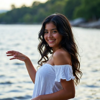 Smiling Latina woman by lake