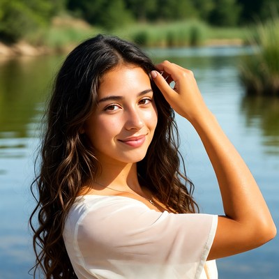 Smiling woman touching hair by lake