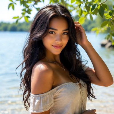 Beautiful woman by lake with trees