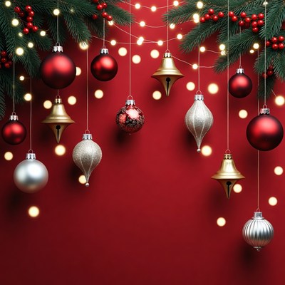 Christmas Ornaments Hanging on Red Background