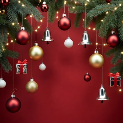 Christmas Ornaments on Red Background