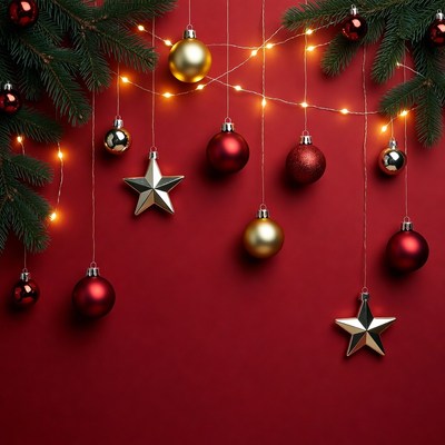 Christmas Ornaments on Red Background