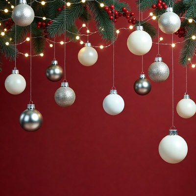 Silver White Christmas Ornaments on Red Background