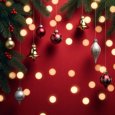 Christmas ornaments hanging on fir branches