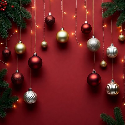 Christmas ornaments hanging on red background