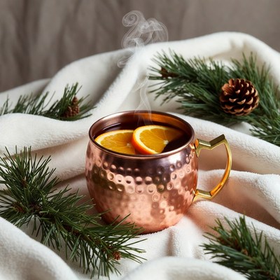 Hot Copper Mug with Oranges and Pine