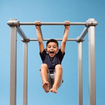Boy hanging on playground bars