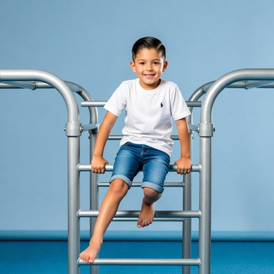 Boy smiling on playground ladder