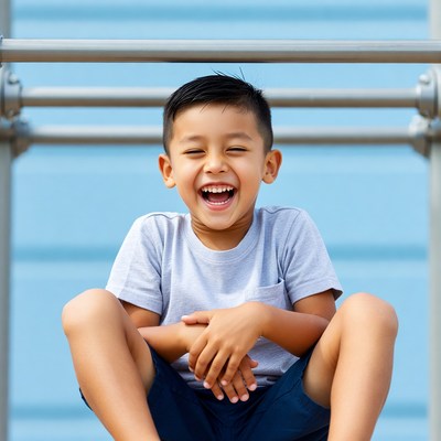 Asian boy smiling on playground bars
