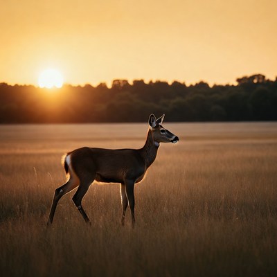 Doe standing in field at sunset