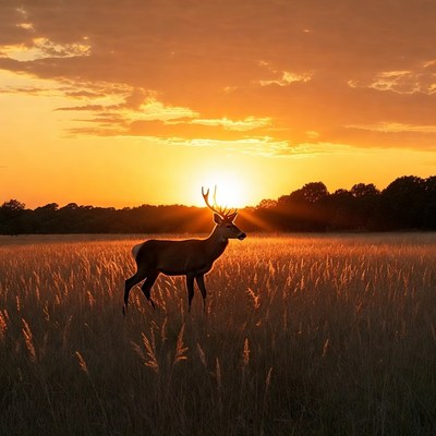 Deer silhouetted in golden sunset field