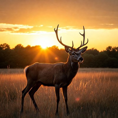 Red Deer Standing in Golden Sunset Field