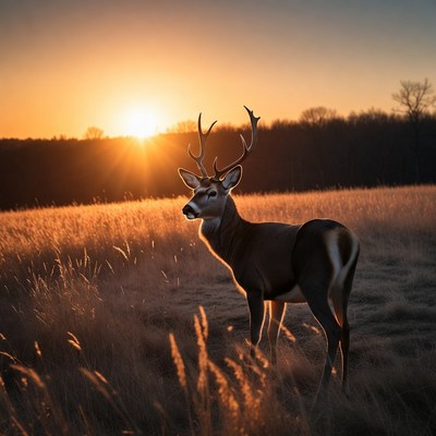 Mule Deer Standing in Sunset Field