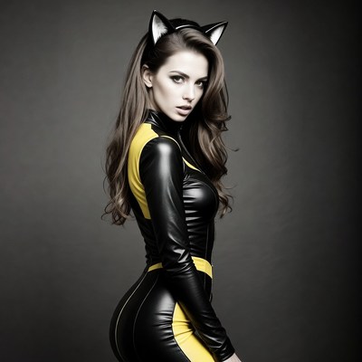 Woman in black yellow catsuit with cat ears