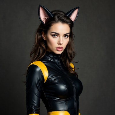 Woman in black yellow cat suit