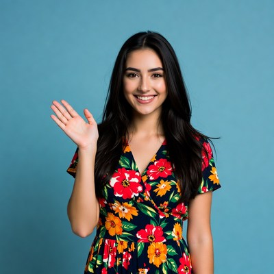 Young woman waving on blue background