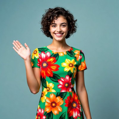 Smiling woman waving in floral dress