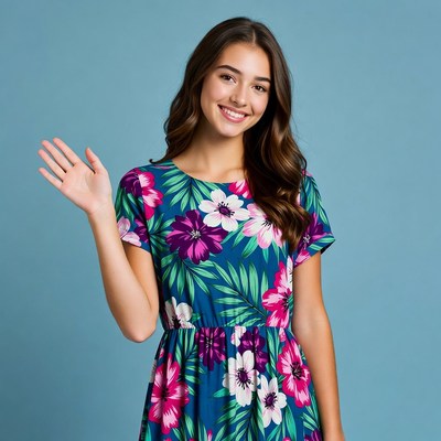 Young woman waving in floral dress