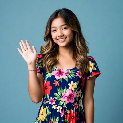 Asian girl waving in floral dress