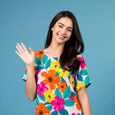 Young woman waving in floral dress