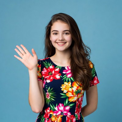 Girl waving in floral dress