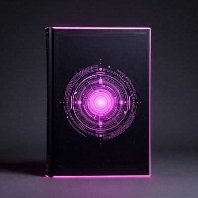 Black book with glowing purple cybernetic design
