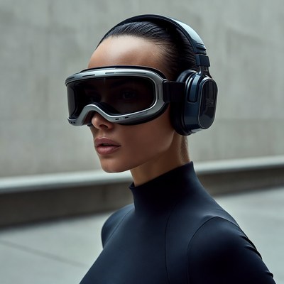 Woman wearing VR goggles and headphones