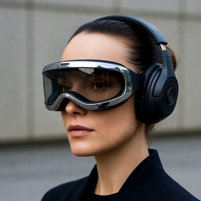 Woman wearing AR goggles and headphones
