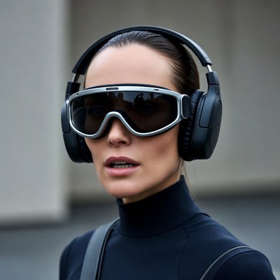 Woman wearing headphones and ski goggles