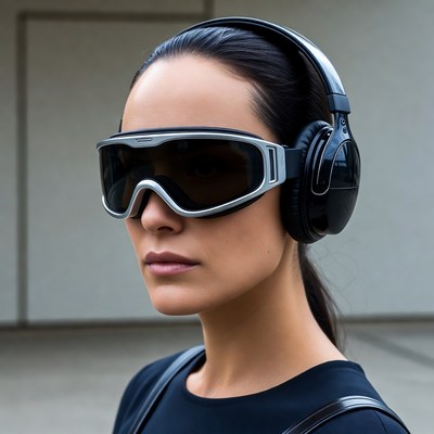 Woman wearing headphones and ski goggles