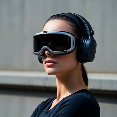 Woman wearing VR goggles and headphones