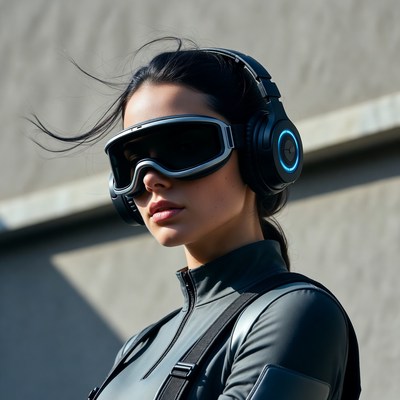 Woman wearing futuristic goggles and headphones