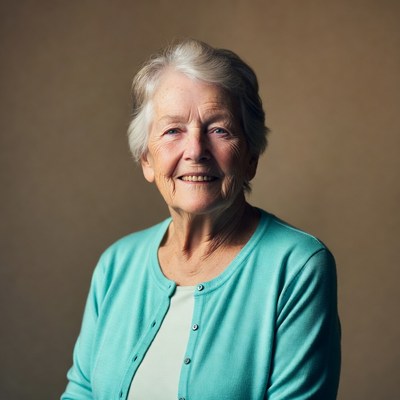 Elderly woman smiling in blue cardigan
