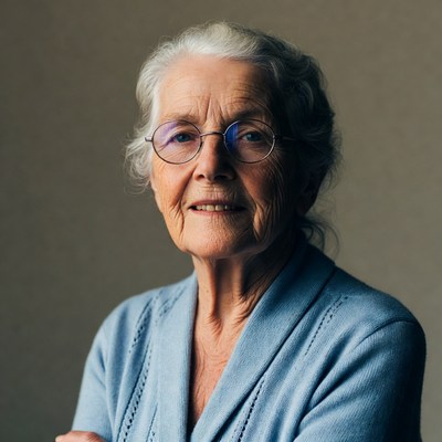 Elderly woman smiling with arms crossed