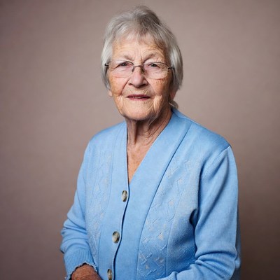 Elderly woman in blue cardigan