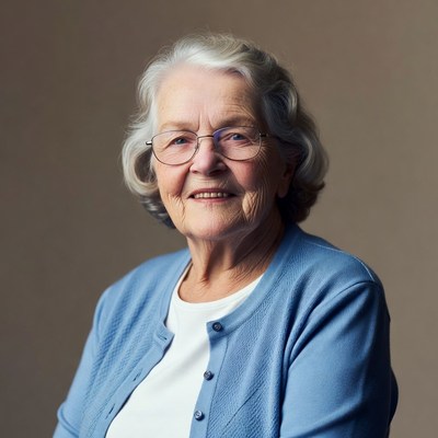 Elderly woman in blue cardigan