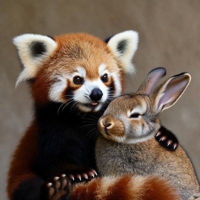 Red panda hugging bunny
