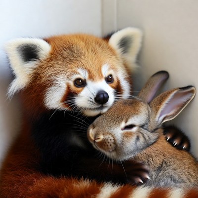 Red Panda Hugging Bunny