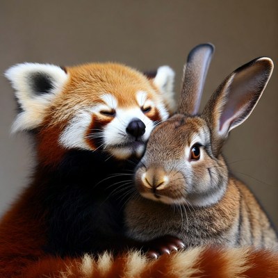 Red Panda Hugging Bunny