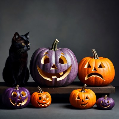 Black Cat with Jack-o-Lantern Pumpkins