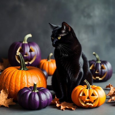 Black Cat with Jack-o-Lantern Pumpkins