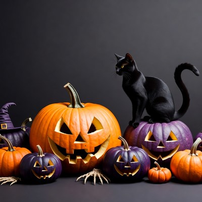 Black Cat on Halloween Pumpkins